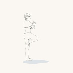 A girl standing on one leg is engaged in yoga. Happy relaxed female character performing meditation exercise. Sport fashion girl outline in urban casual style.