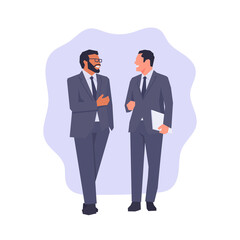 Two business men or coworkers talking simple flat vector character illustration.