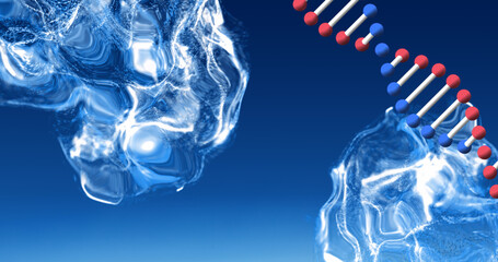 Digital image of dna structure spinning against digital wave on blue background