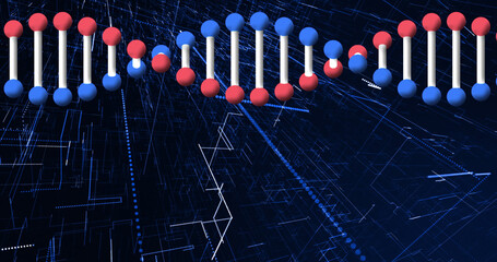 Digital image of dna structure spinning against 3d city structure on blue background