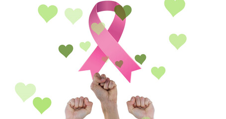 Image of hearts over raising hands and pink ribbon