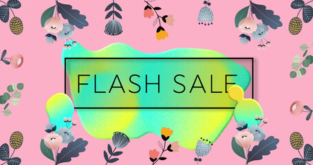 Image of flash sale text in frame over glowing blob and flowers on pink background