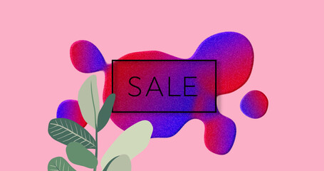 Image of sale text in frame over glowing blob and plant on pink background