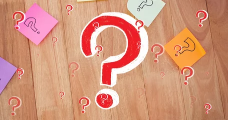  Image of red question marks over multicolour memo notes on wooden background © vectorfusionart