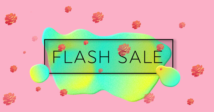 Image of flash sale text in black,over blue and yellow blob with red roses on pink background