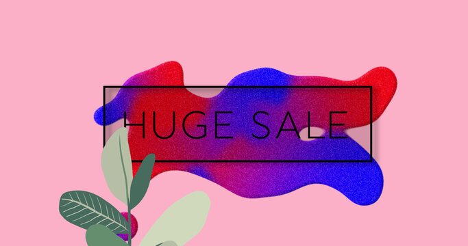 Image of huge sale text over blue and red stain on pink background