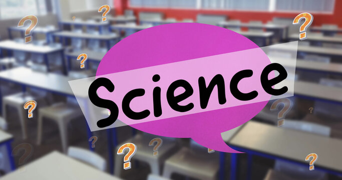 Image of science text with question marks over empty classroom