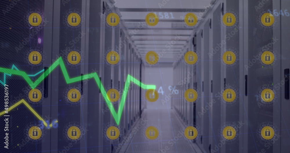 Poster image of lines processing with online security icons over computer servers