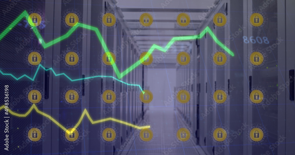 Poster image of lines processing with online security icons over computer servers