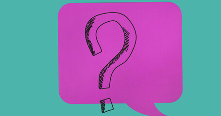 Image of question mark over pink comic speech bubble