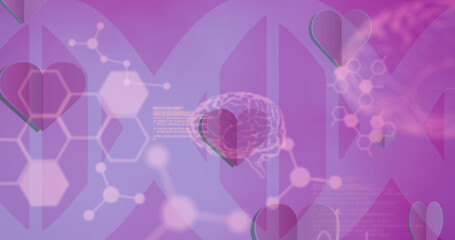 Obraz na płótnie Canvas Image of heart icons, human brain and data over dna strand on pink background