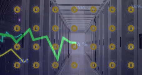Image of lines processing with online security icons over computer servers