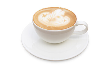 Latte coffee in white coffee cup with plate and spoon on white background with clipping path