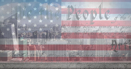 Image of american flag and constitution text over cityscape