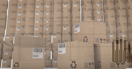 Image of statistics processing over cardboard boxes on white background