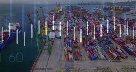 Image of statistics processing with lines over shipping yard in background