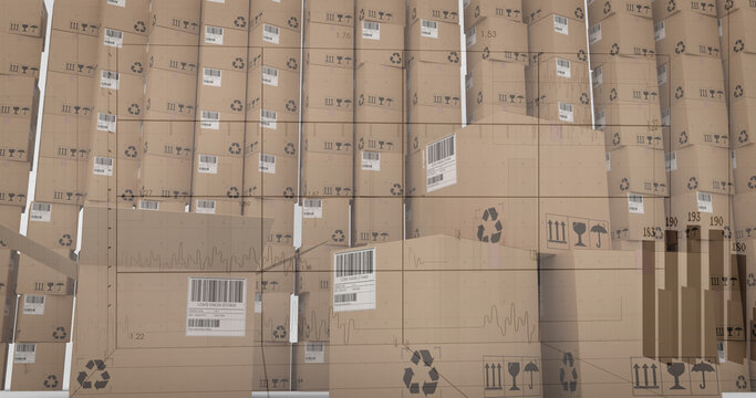 Image of statistics processing over cardboard boxes on white background