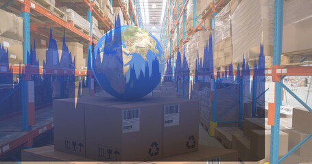 Image of statistics processing over globe and cardboard boxes in warehouse
