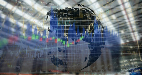Image of statistics processing with globe over warehouse in background