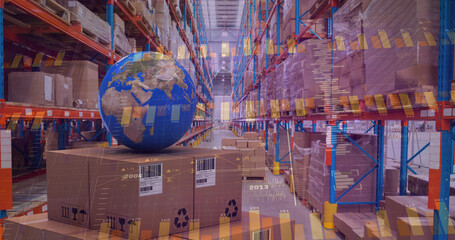 Image of statistics processing over globe and cardboard boxes in warehouse