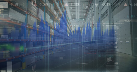 Image of statistics processing over warehouse in background