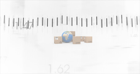 Image of statistics processing over globe and cardboard boxes on white background
