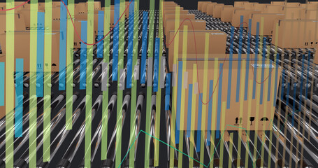 Image of statistics processing over cardboard boxes on conveyor belts