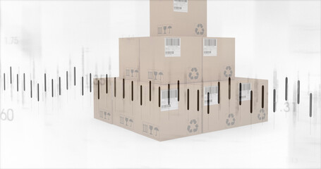 Image of statistics processing over cardboard boxes on white background