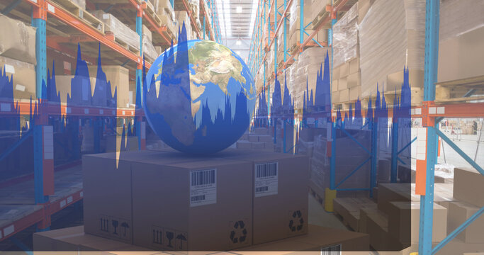 Image of statistics processing over globe and cardboard boxes in warehouse