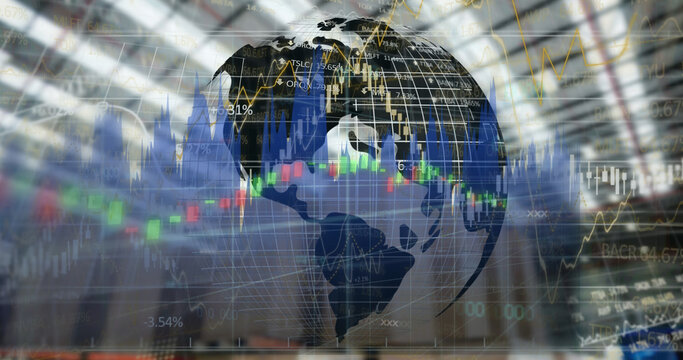 Image of statistics processing with globe over warehouse in background