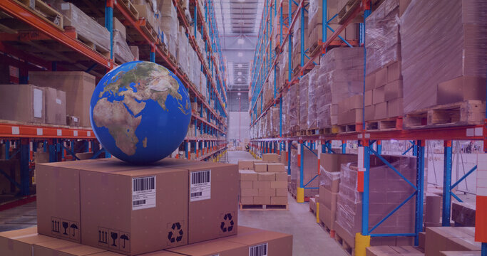 Image of statistics processing over globe and cardboard boxes in warehouse