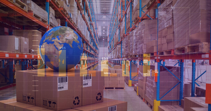 Image of statistics processing over globe and cardboard boxes in warehouse - Powered by Adobe