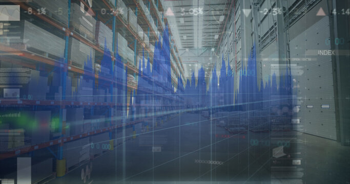 Image of statistics processing over warehouse in background