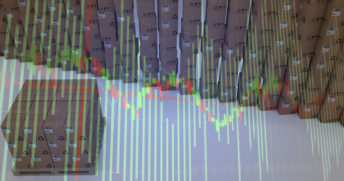 Image of statistics processing over cardboard boxes on white background