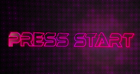 Image of press start text in metallic letters over purple glowing pattern - Powered by Adobe