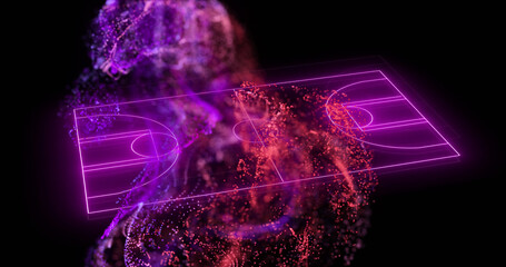 Image of purple neon basketball court and pink particles