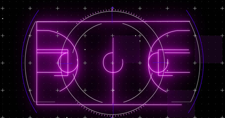 Naklejka premium Image of purple neon basketball court and markers