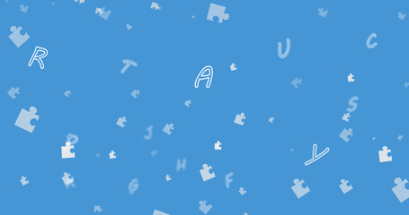 Image of puzzles and letters floating on blue background