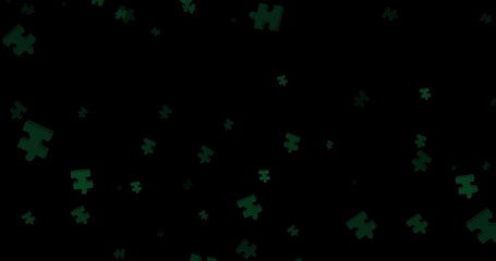 Fototapeta na wymiar Image of puzzle over black background with floating green puzzles