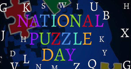 Image of letters making national puzzle day writing on black background