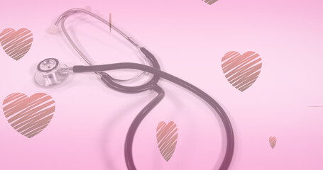 Image of hearts falling over stethoscope on pink background