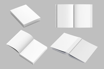 Blank softcover book or magazine mockup template on a grey background. 3d rendering. open and close, front and back view.