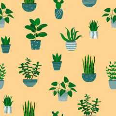 Seamless pattern of houseplants in flowerpots. Cartoon colorful plants on beige background