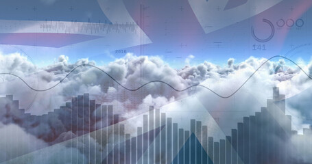 Image of data processing over clouds and flag of uk