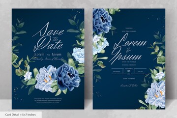 Watercolor Navy Blue Flower and Leaves Wreath Wedding Stationery