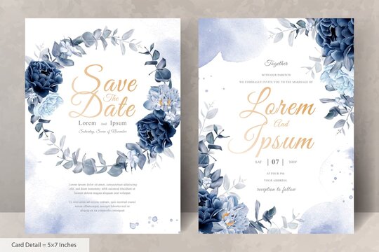 Watercolor Navy Blue Flower and Leaves Wreath Wedding Stationery