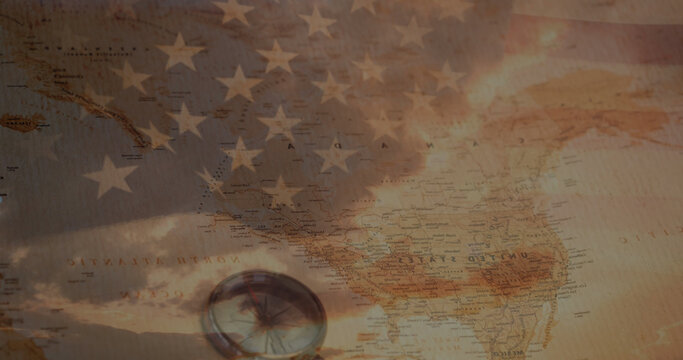 Image of data processing over map and flag of america - Powered by Adobe