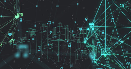 Image of network of connections with icons over city
