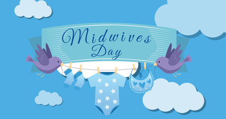 Image of midwives day and ribbon with baby clothes and birds over blue background with clouds