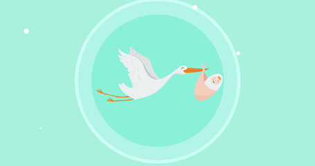 Image of stork carrying newborn baby on green background
